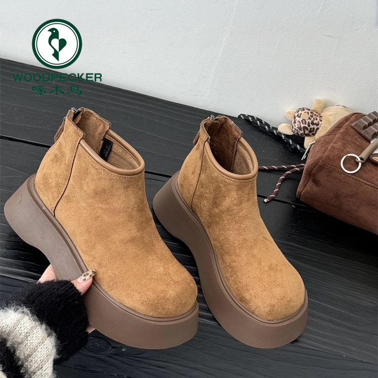 啄木鸟厚底勃肯鞋女英伦风马丁靴2024新款冬季雪地靴复古加绒短靴