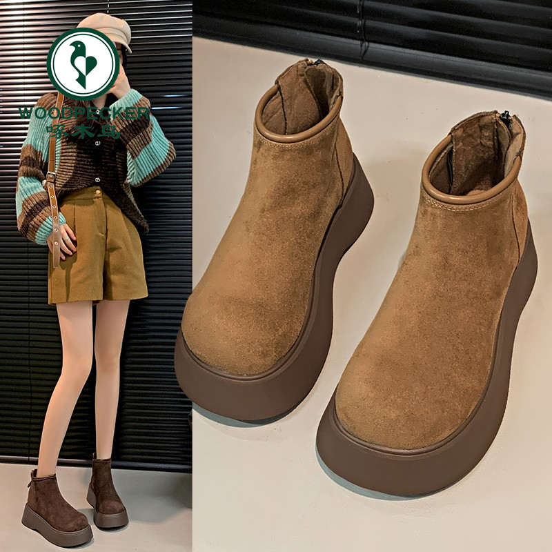 啄木鸟厚底增高勃肯鞋女马丁靴2024新款秋冬季加绒保暖雪地靴短靴