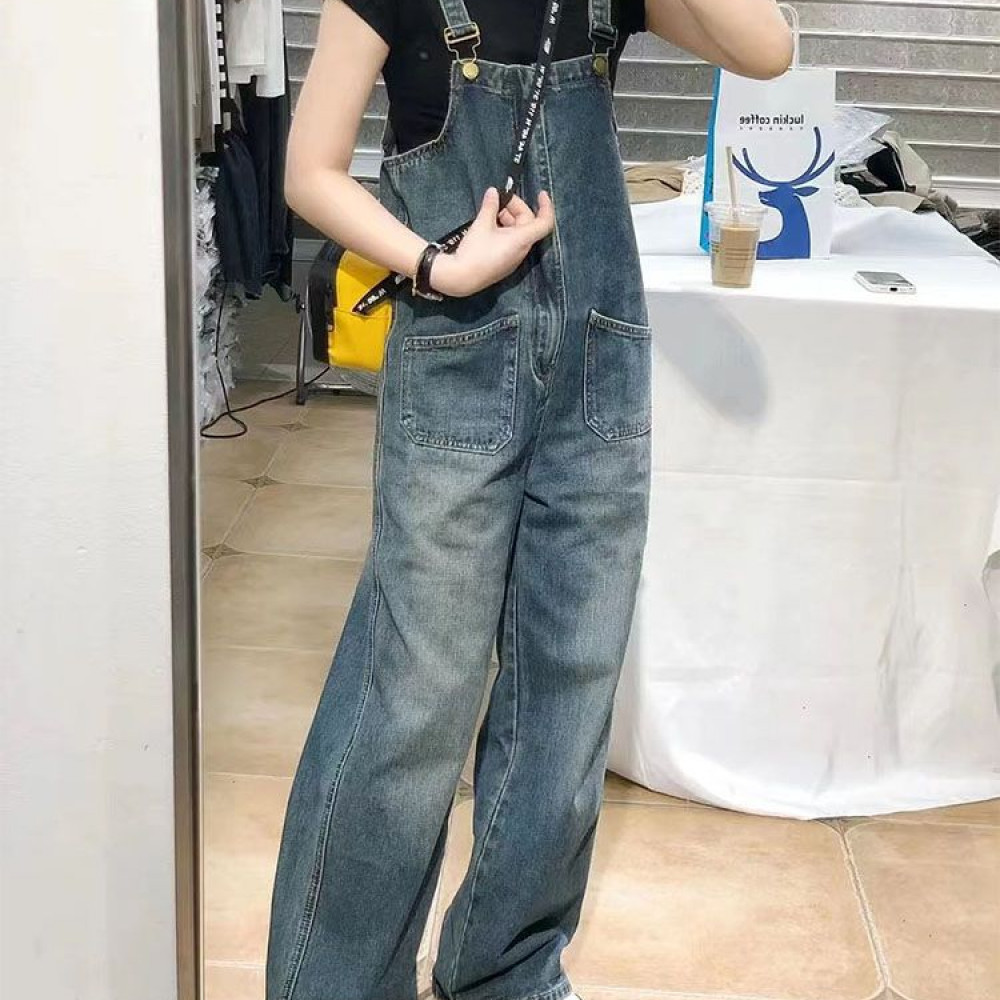 复古牛仔背带裤女春季薄款设计感休闲宽松显瘦高腰直筒阔腿连体裤