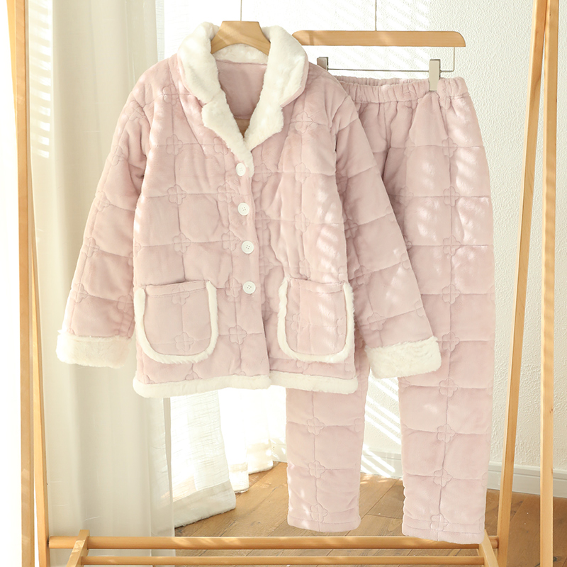 富朵秋冬保暖法兰绒月子服三层夹棉加绒加厚保暖孕产妇可外穿睡衣