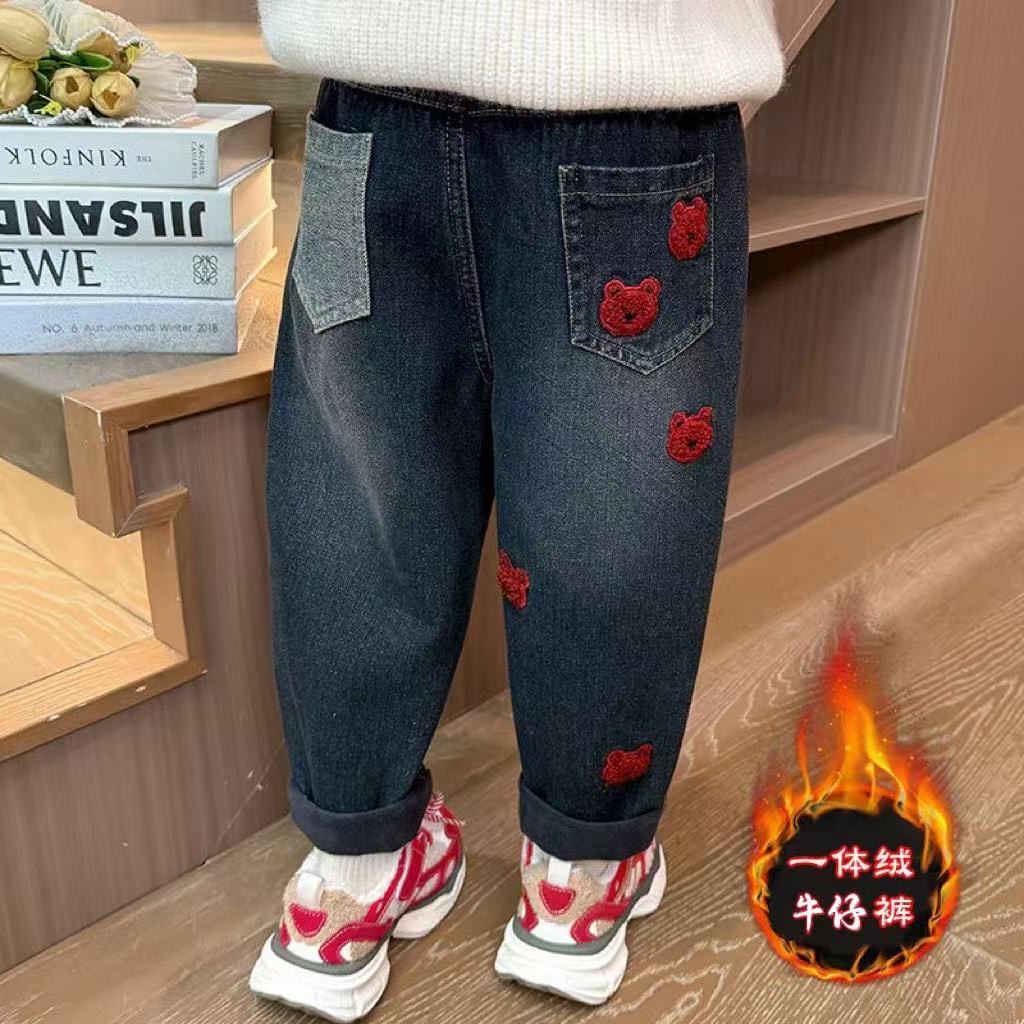 儿童洋气秋冬季加绒软牛仔裤宝宝外穿一体绒加厚女童冬装裤子保暖