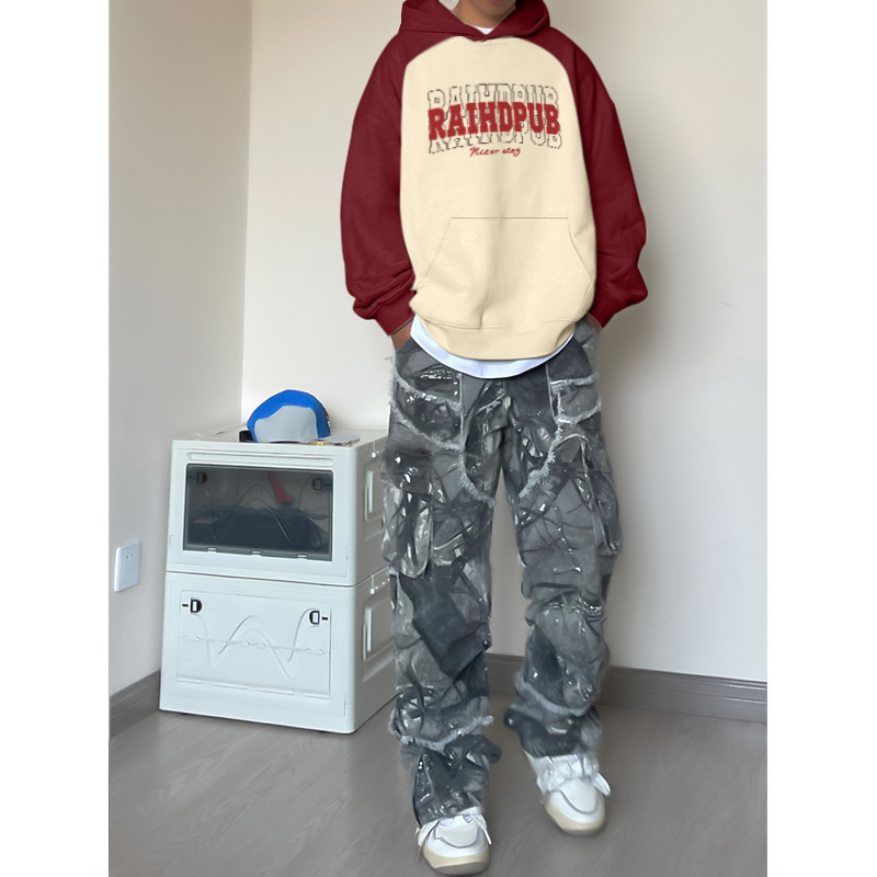 美式个性幻影字母印花插肩连帽卫衣男秋季潮牌宽松设计感拼接外套