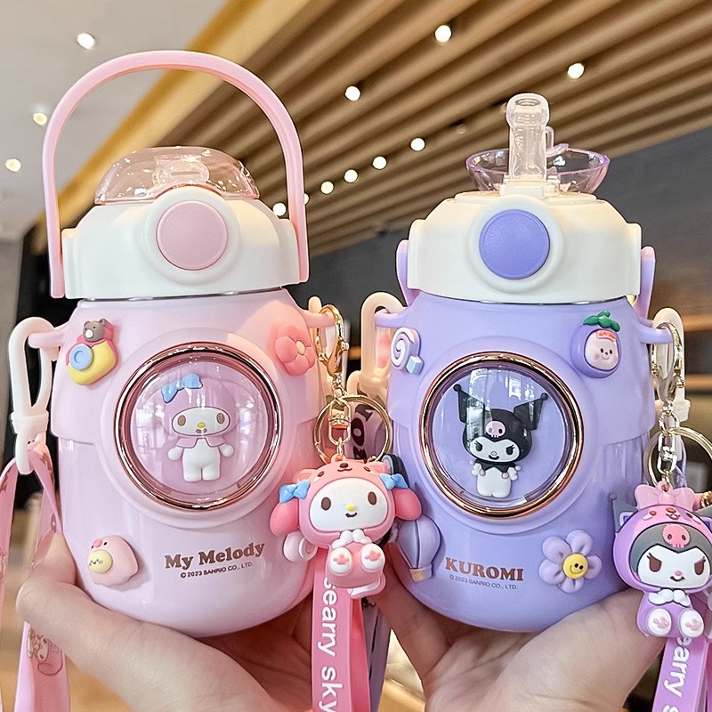 奇怡库洛米保温杯儿童上学专用吸管水杯女孩小学生大容量大肚水壶