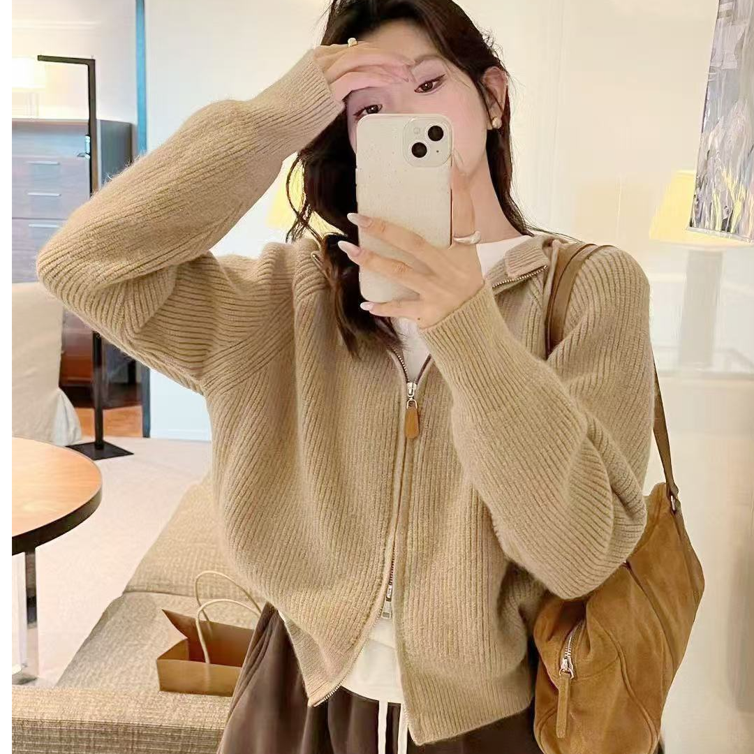 时尚设计感短款拉链连帽毛衣女秋冬新款韩版洋气百搭针织开衫外套