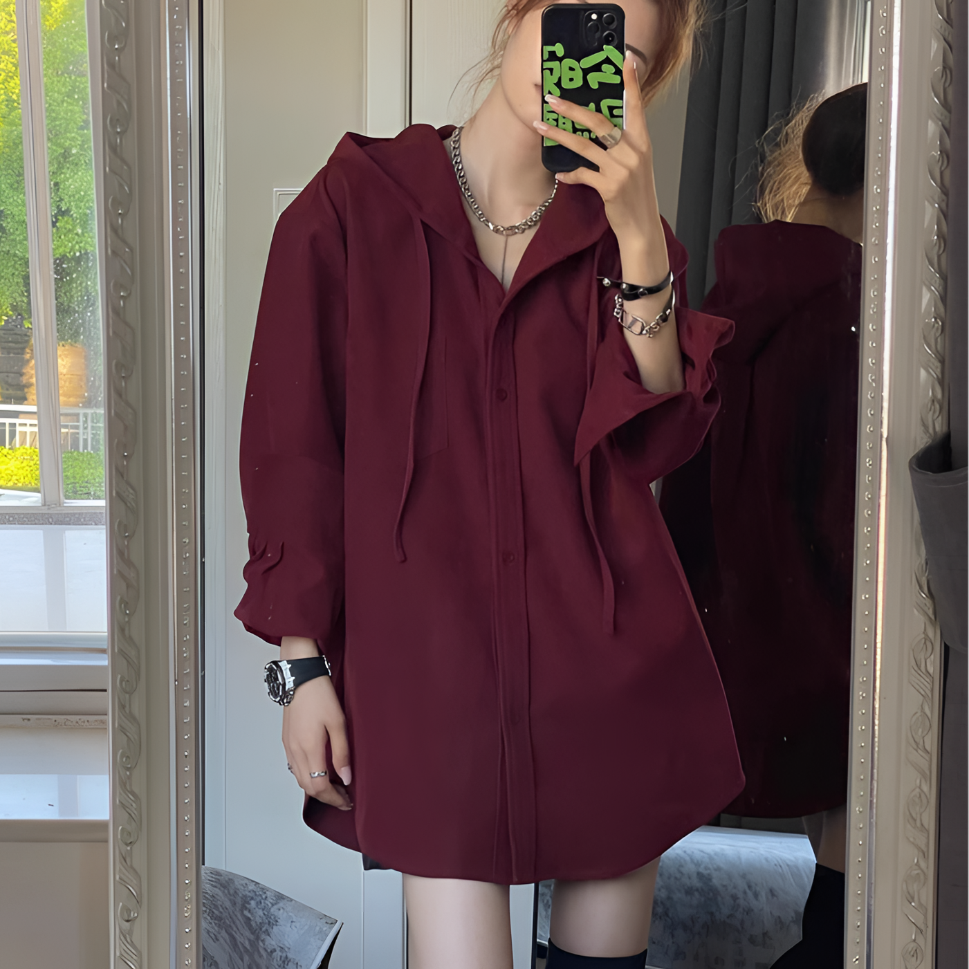 春季新款小众宽松慵懒风两件套穿搭时尚休闲连帽酒红色中长款衬衫