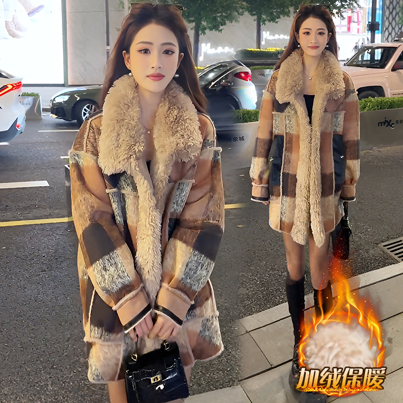 高级感复古格纹加厚大衣女秋冬季加绒保暖格纹洋气百搭小香风外套