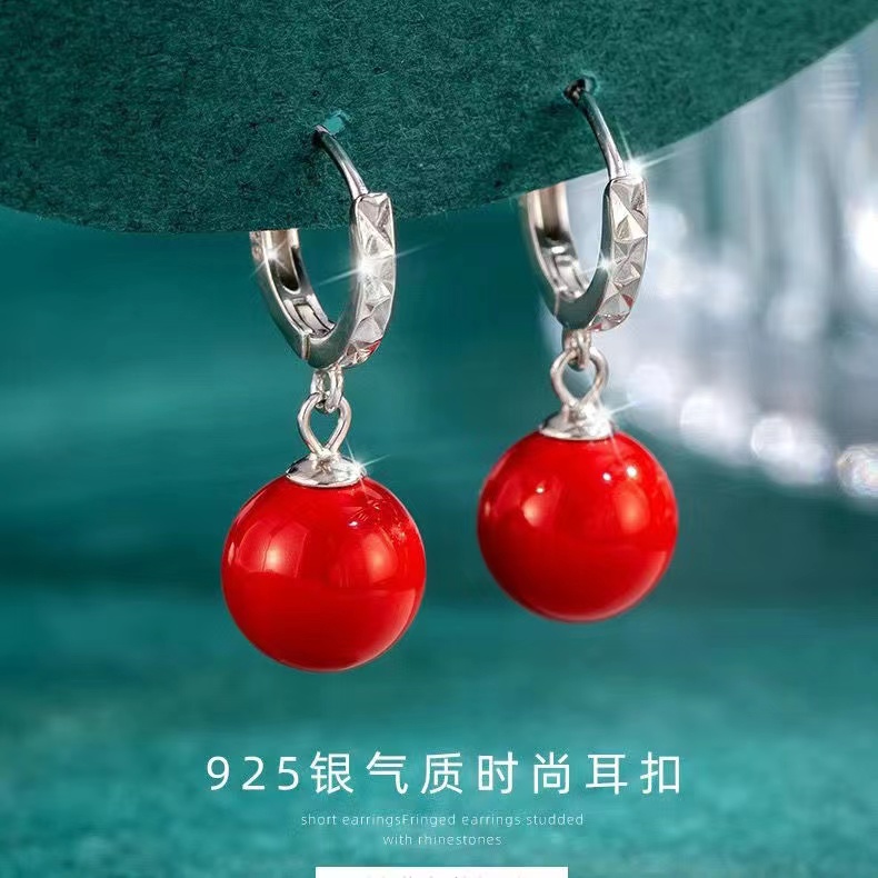 铜合金仿珍珠耳饰 银针贝珠精致耳扣气质红色时尚复古防过敏耳饰