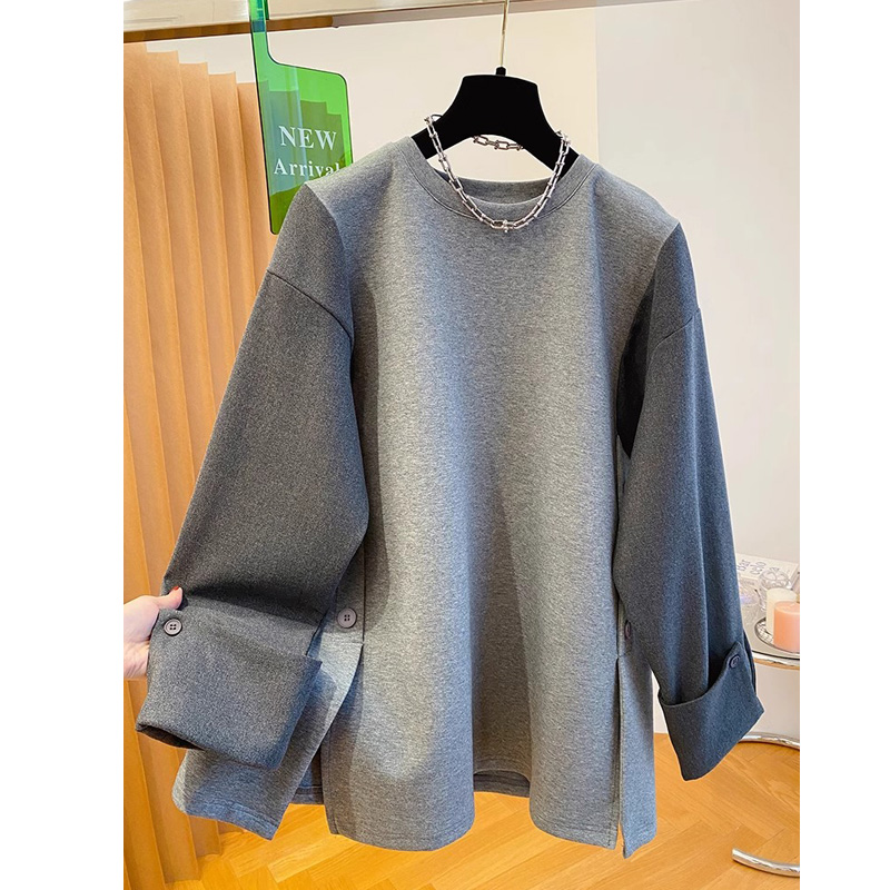 大码宽松中长款圆领套头拼接卫衣女胖MM小众上衣春秋新款百搭时尚