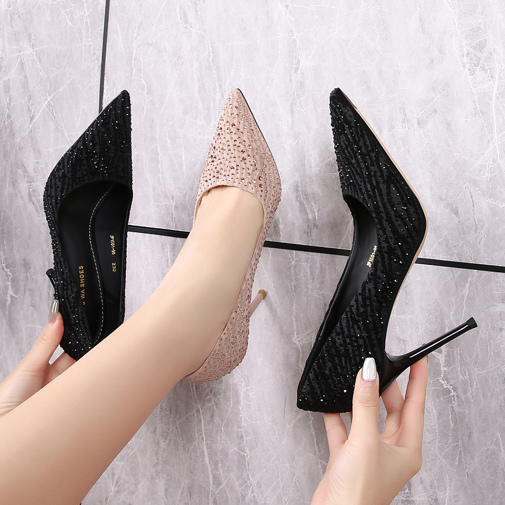 【9公分~7公分】2025春秋新款黑色细跟时尚气质百搭尖头满钻高跟鞋