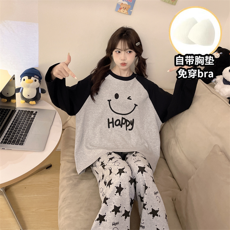 自带胸垫睡衣女春秋季长袖学生大童12-13-14-15岁女孩家居服套装
