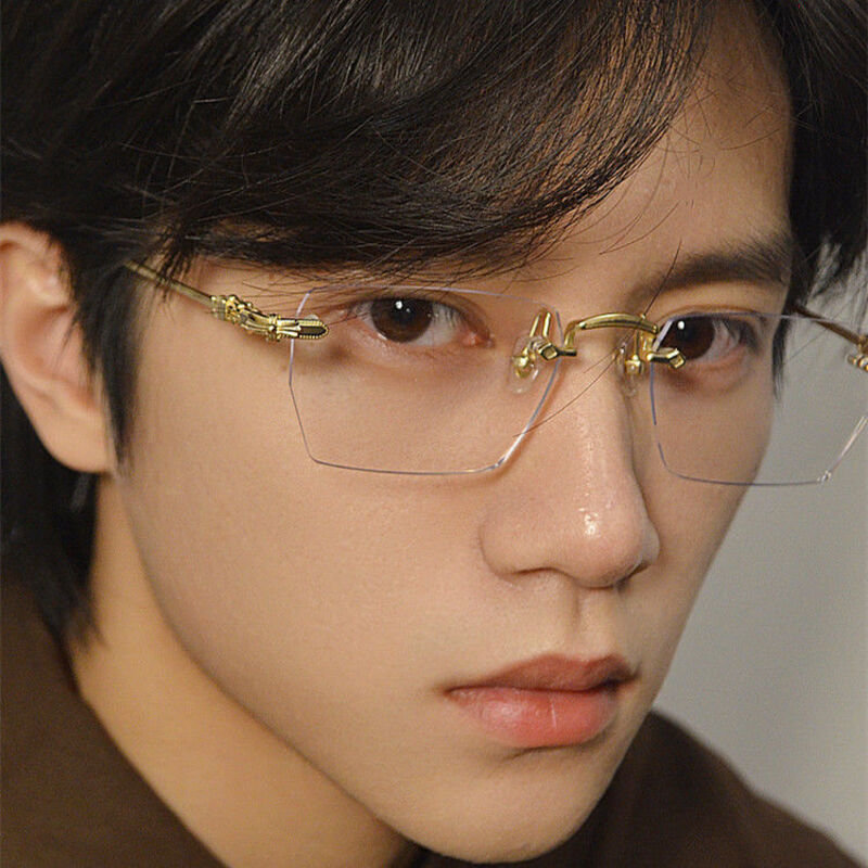 爆轻无框眼镜近视男潮可配度数切边不规则大脸商务金边眼镜框女