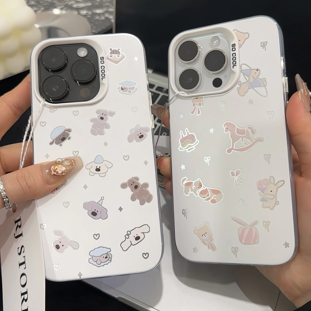 卡通小狗适用于苹果15/14彩银手机壳VIVO防摔华为全包式OPPO创意