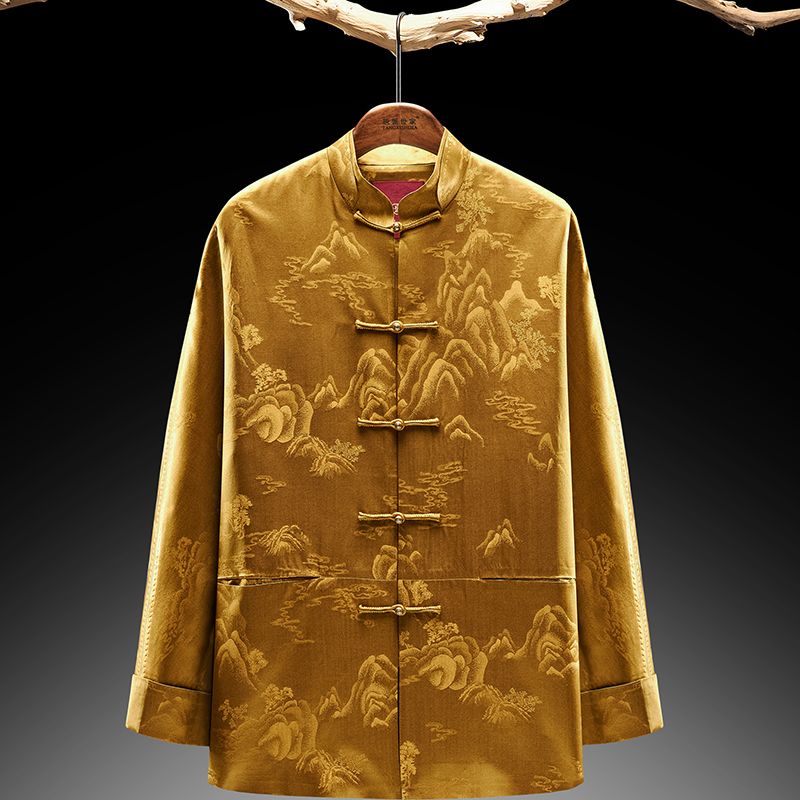 高档中老年唐装男中式真丝香云纱春秋外套中国风立领盘扣休闲上衣
