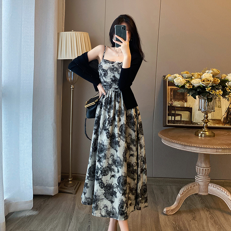 【大码】【两件套】法式复古水墨碎花抹胸吊带女设计感收腰长裙B8057