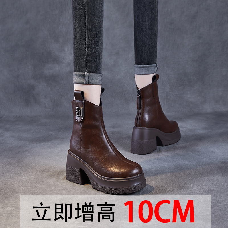 复古马丁靴女秋冬粗跟显瘦厚底短靴真皮百搭呢子大衣专用鞋子