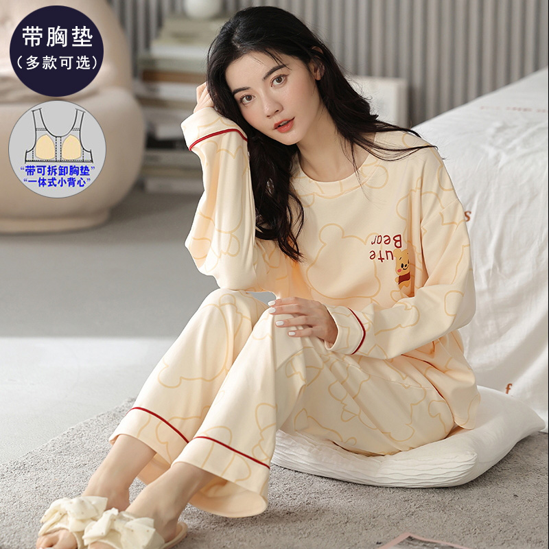 带胸垫爆款睡衣女士春秋季长袖纯棉100％全棉防凸点秋冬卡通家居服