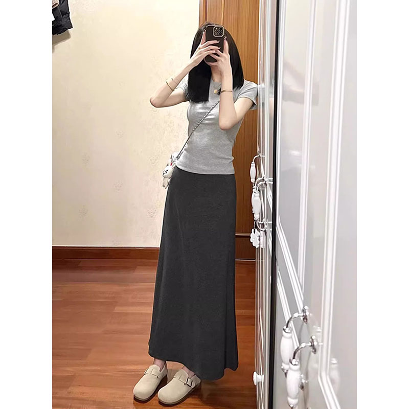 轻欧深灰色复古半身裙女春夏秋季新款高腰显瘦休闲百搭a字长裙子