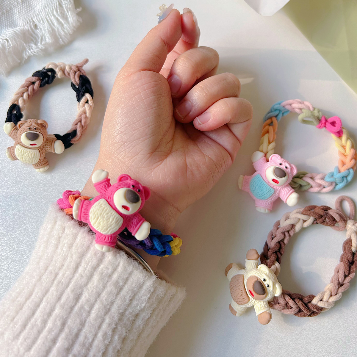 情人节粉色小熊手链情侣手绳发绳发圈材料包成品编织手环少女心