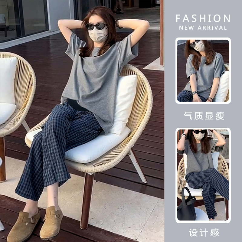 孕妇装夏季裤子百搭灰色T恤格子直筒阔宽松托腹腿休闲孕妇裤夏装