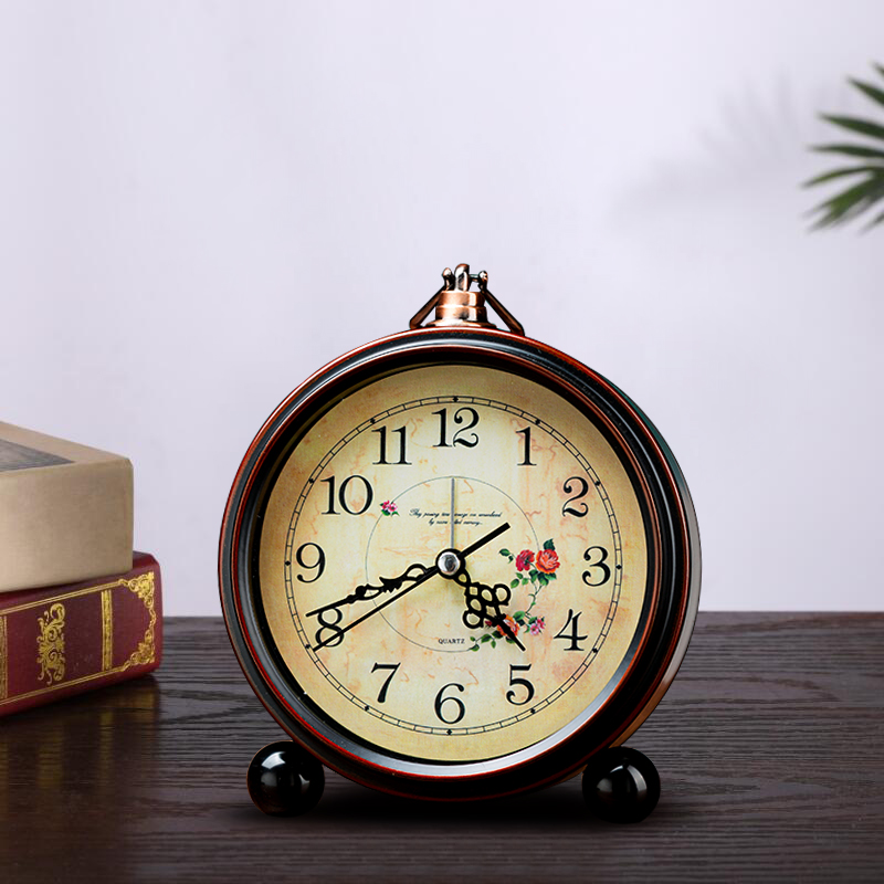 美式静音闹钟台式桌面钟表中式复古石英钟创意床头座钟客厅小摆件
