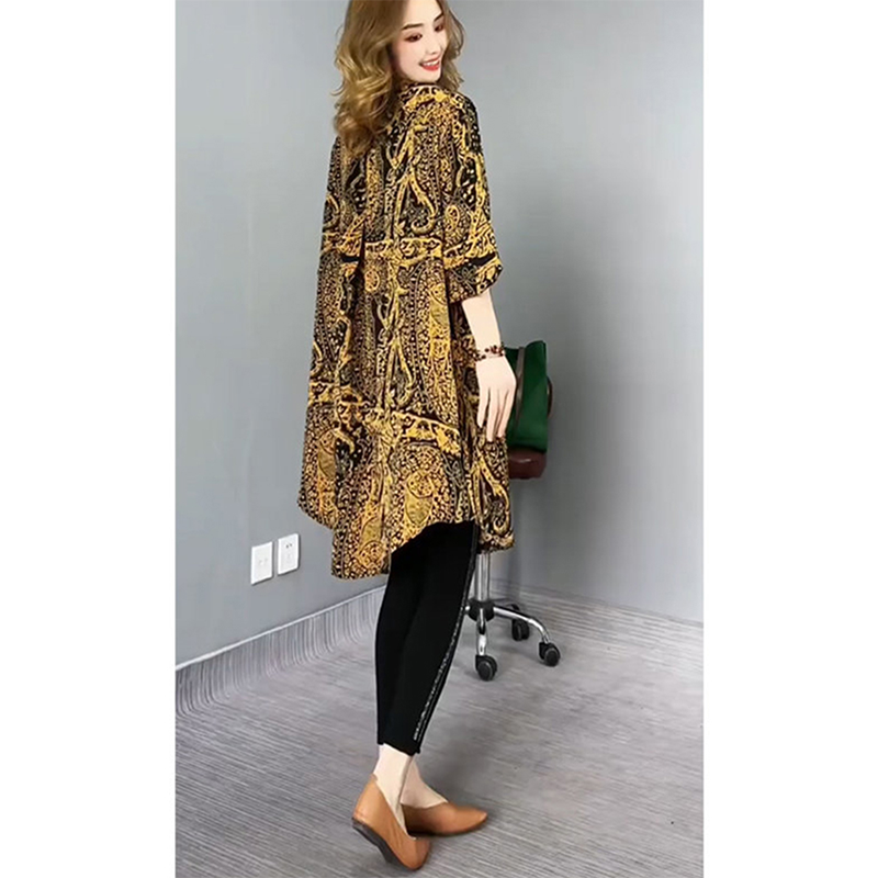 欧洲站2025夏季新款洋气宽松中长款印花衬衫女时尚百搭休闲上衣