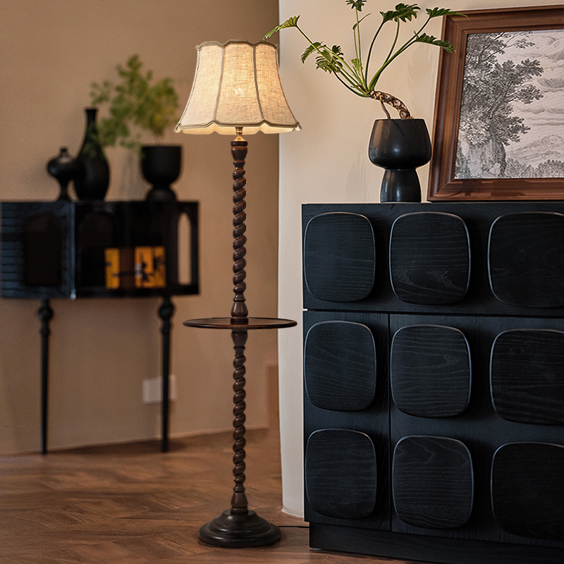 法式复古客厅落地灯置物一体沙发边实木简约卧室床头氛围灯casagd