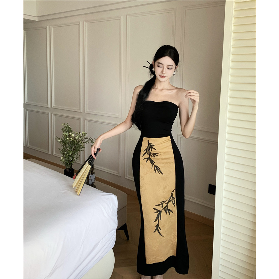 清冷感禅意长裙复古中国风抹胸气质女装夏季一字肩收腰显瘦裙子