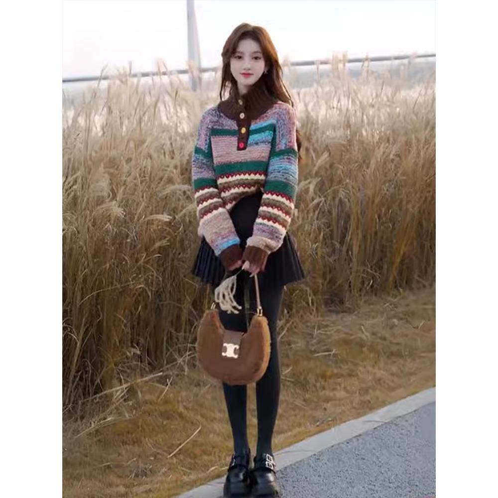 小个子一套入冬穿搭超好看独特漂亮小香风彩色条纹毛衣半身裙套装