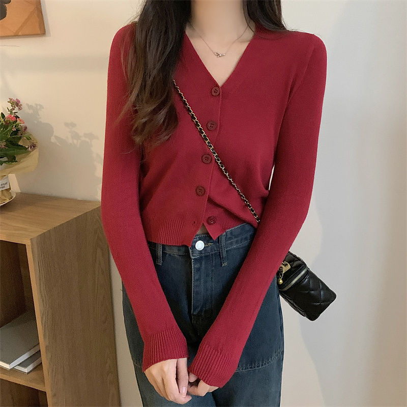 V领开衫针织衫女秋冬春秋内搭修身打底毛衣显瘦短款长袖上衣女士