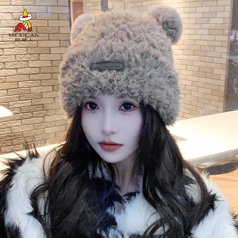 Mexican/稻草人毛绒可爱毛线帽子女冬季时尚百搭加绒保暖护耳帽潮