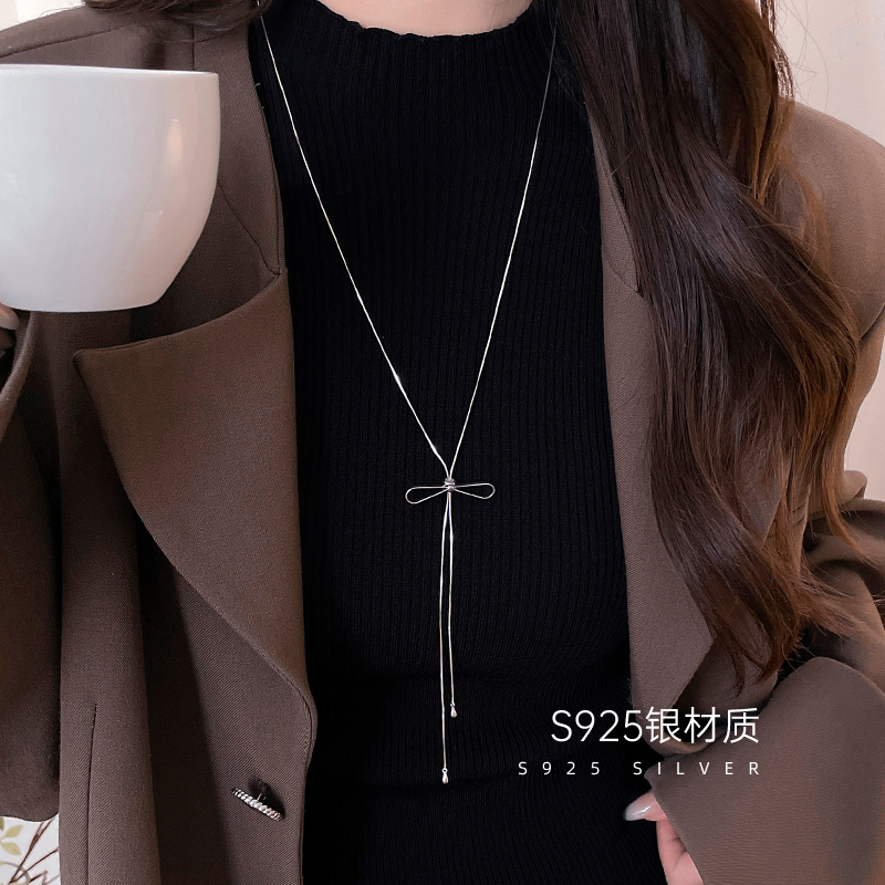金美澳 坠链均925银 蝴蝶结长款毛衣链项链配饰高档气质轻奢高级