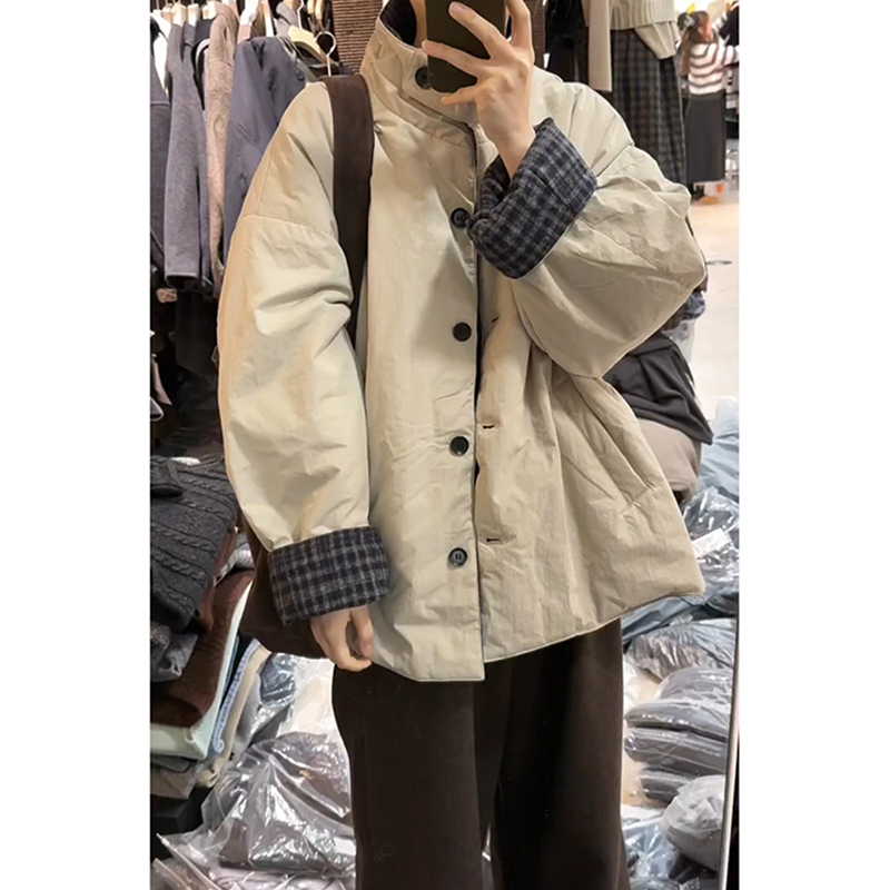 韩系格纹两面穿棉服女2024年新款冬季棉衣棉袄爆款潮保暖外套加厚