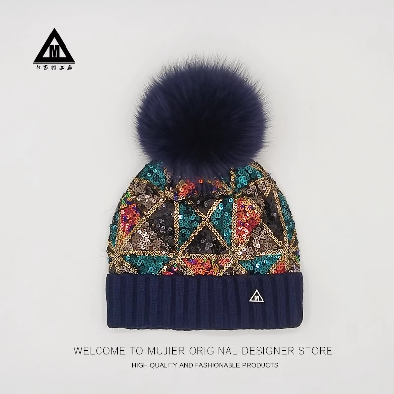 冬季毛线帽子七彩亮片狐狸毛球针织帽女秋冬季百搭护耳毛线帽子潮