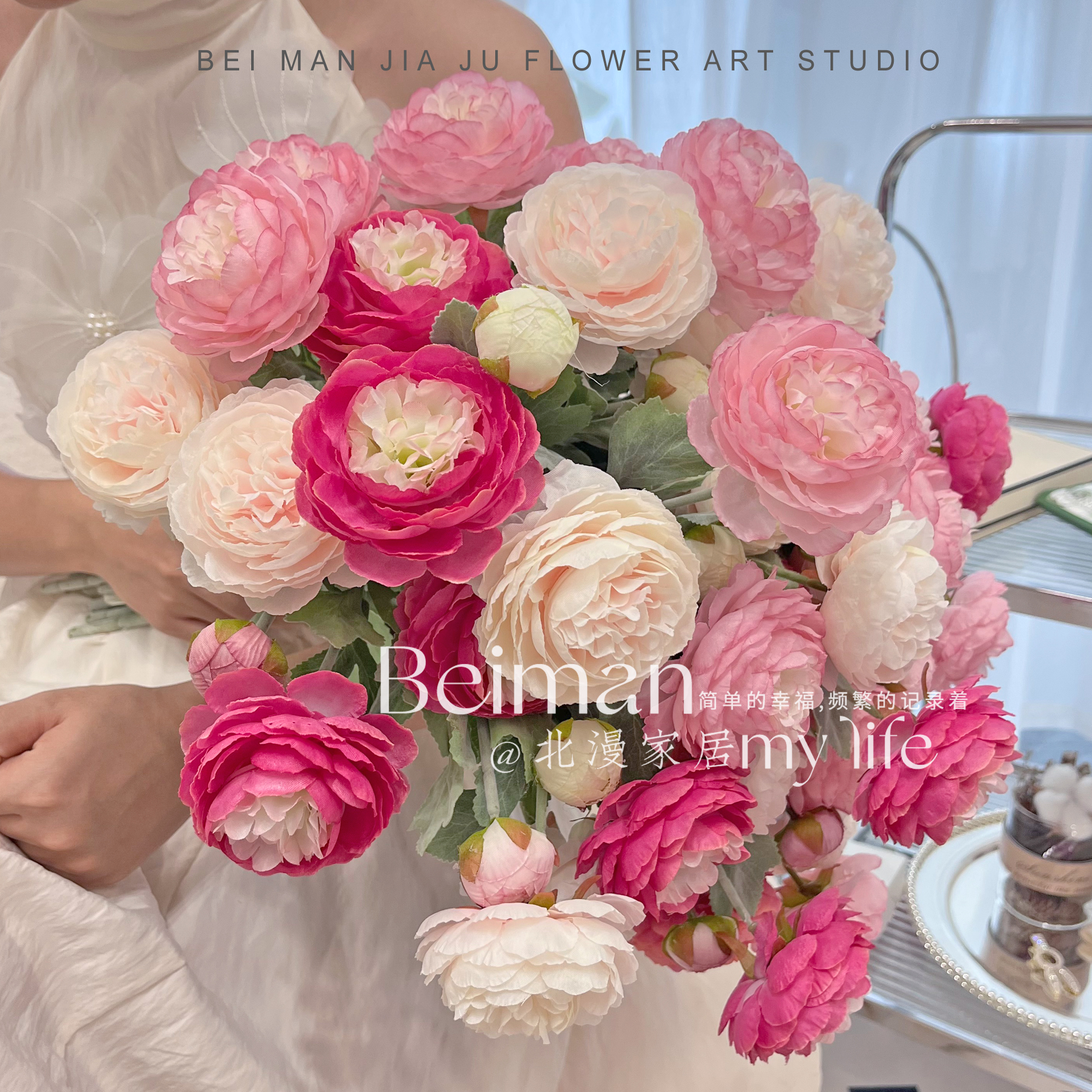 ins露莲仿真花3头家居装饰花艺仿真花客厅摆件植绒露莲洋牡丹假花