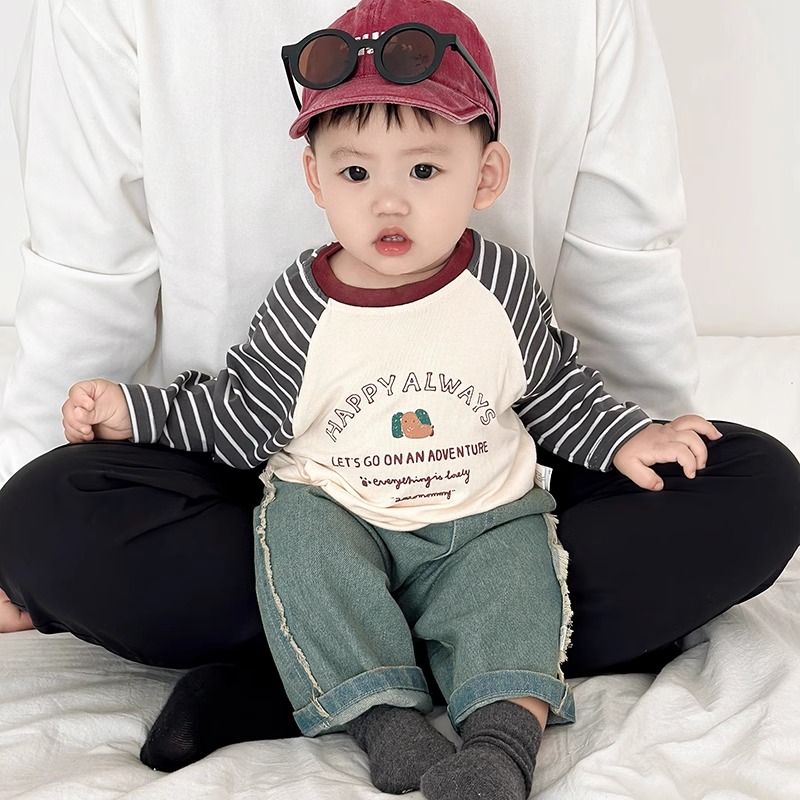 儿童春秋装拼色长袖T恤新款男童卡通上衣女宝宝条纹插肩袖衣服