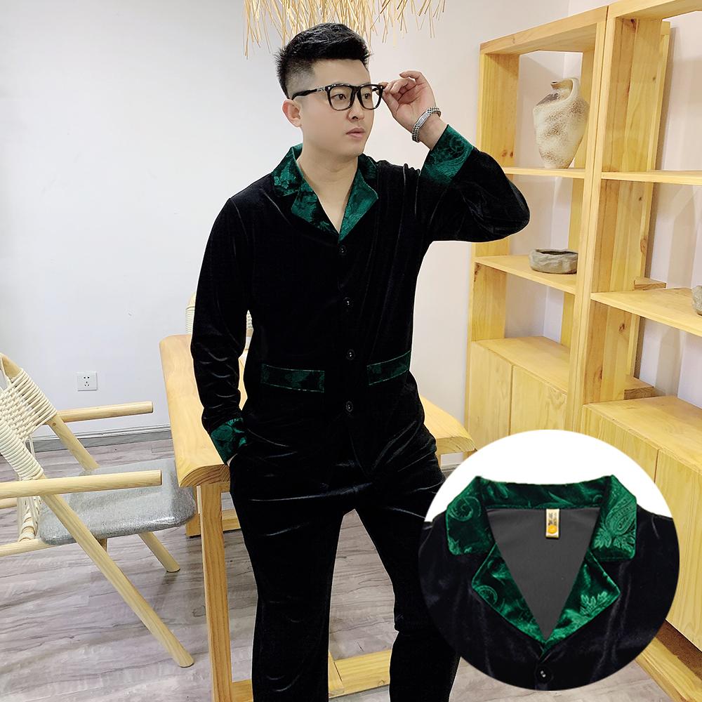 男士大码休闲轻奢拼接领金丝绒家居服秋季2025新款时尚高档睡衣潮