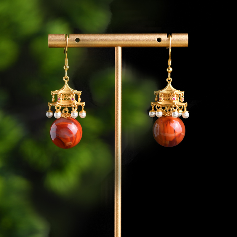 戊申堂【婷婷】S925银鎏金手工花丝南红百搭气质精美耳饰 国风珠宝