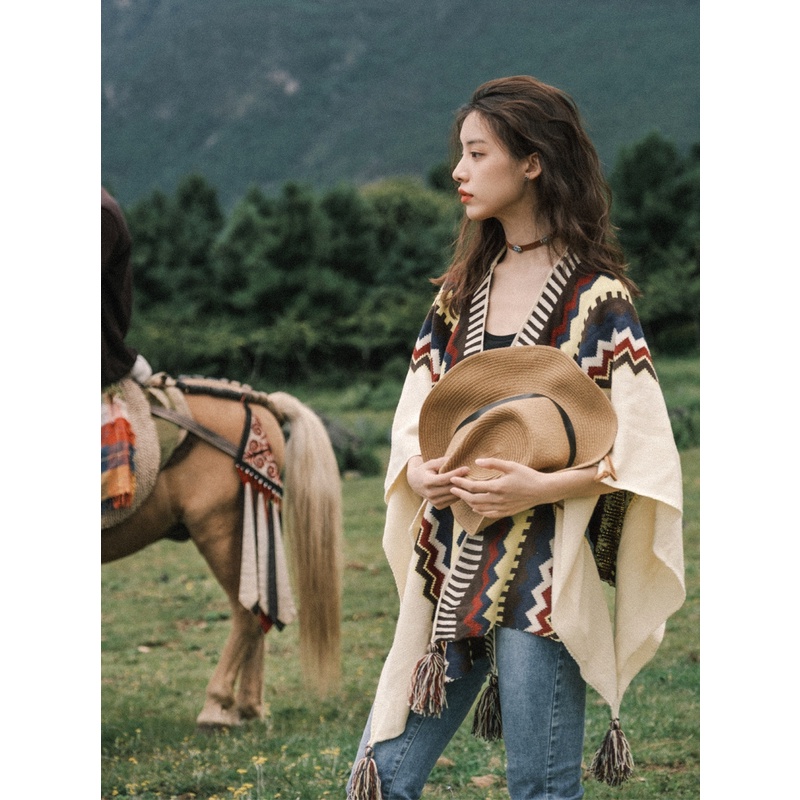 波西米亚披肩斗篷女夏季防晒云南新疆川西旅游拍照草原民族风披风