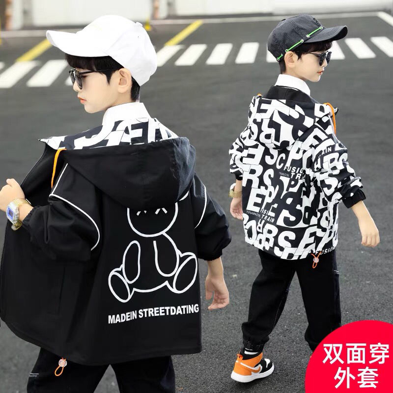 男童外套春秋款2024中大童休闲风衣男孩宽松帅气双面穿夹克衫潮