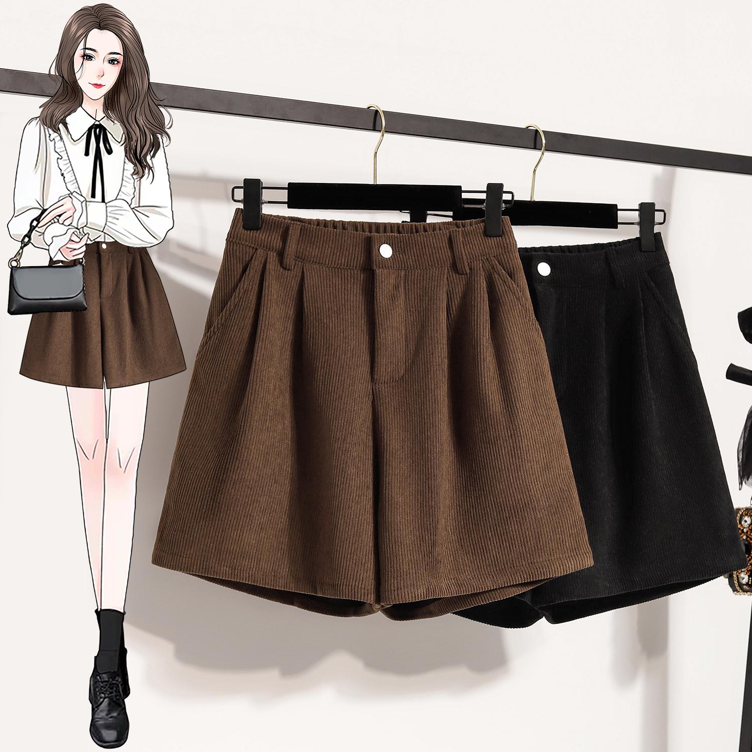 秋冬新款大码高腰显瘦阔腿灯芯绒短裤女胖MM时尚百搭休闲外穿靴裤