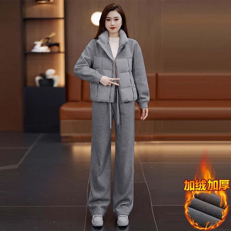时尚棉服外套休闲裤加绒保暖两件套女2026秋冬季新款洋气时尚套装