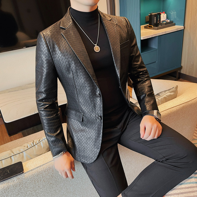 秋冬爆款皮衣西装男高级感休闲修身韩版潮流痞帅花纹皮西服外套潮