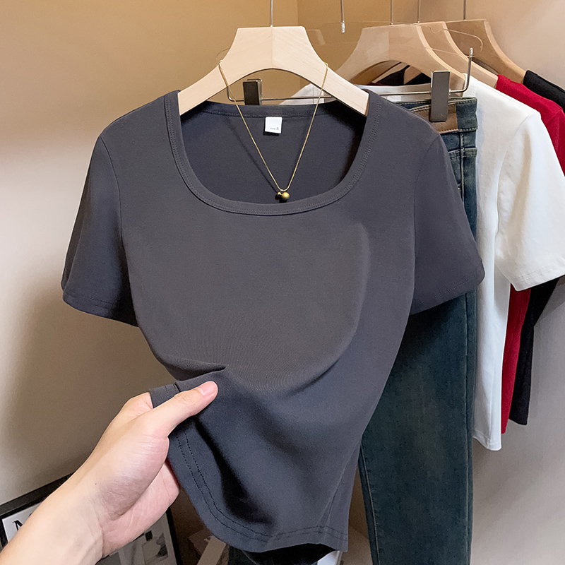 yoewshean/羽媗微胖mm大码女装夏季方领遮肚显瘦短袖t恤上衣