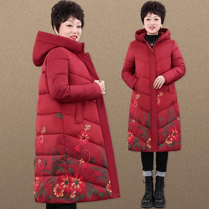 妈妈过年装羽绒棉服中长款大码喜婆婆婚宴冬装中老年人棉袄外套女