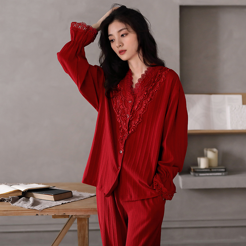 春秋新款睡衣女莫代尔棉长袖家居服薄大红色新婚新娘本命年套装冬