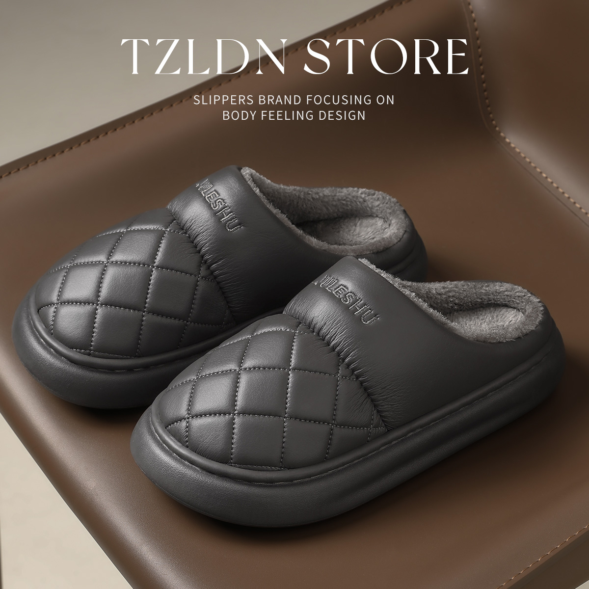 防水棉拖鞋男冬季包跟2025新款爆款室内居家防滑pu皮拖鞋女士冬天