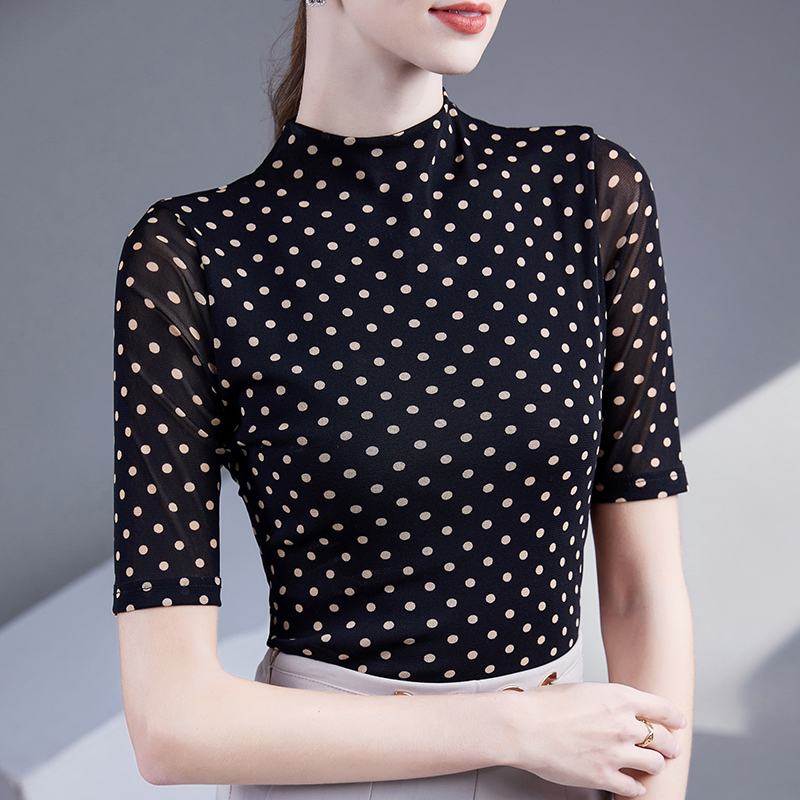 半高领圆点印花打底衫女五分袖2025新款网纱T恤修身网纱打底内搭