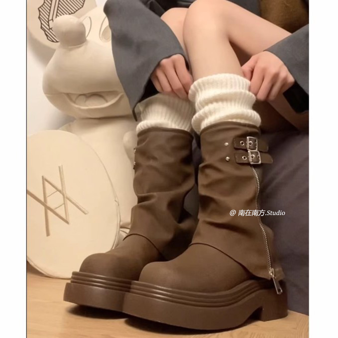 南在南方爆款棕色厚底牛仔堆堆靴女2025年新款春秋季显瘦裤管短靴