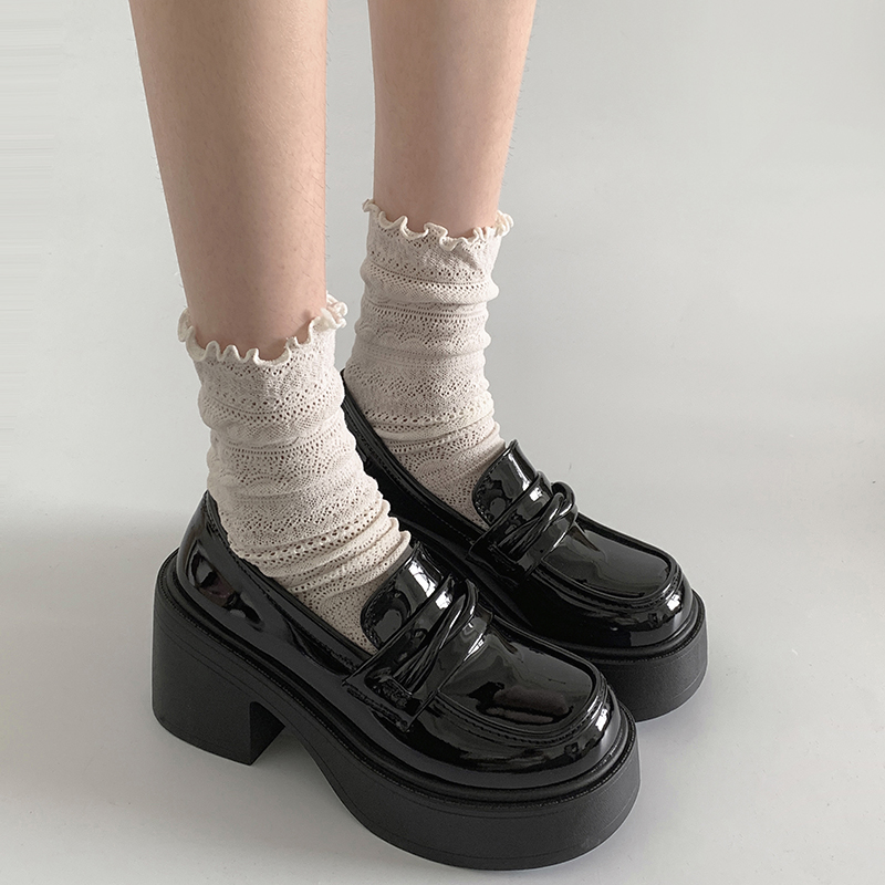 黑色英伦风百搭高跟厚底小皮鞋女2025新款春秋一脚蹬增高乐福单鞋