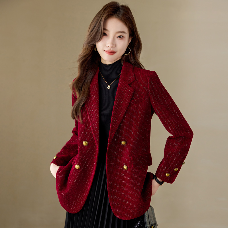 小香风红色毛呢西装外套女春秋2025新款时尚洋气上衣休闲女士西服